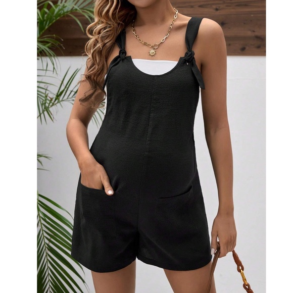 Maternity Solid Pocket Shoulder Tie Romper - Picture 1 of 4